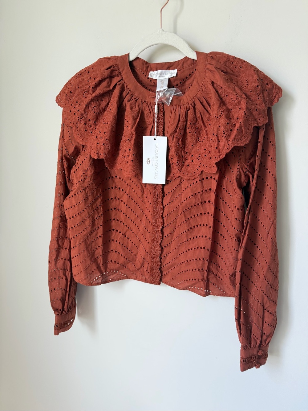 Caroline Constas Rust brown Eyelet cotton Ruffle long sleeve Blouse